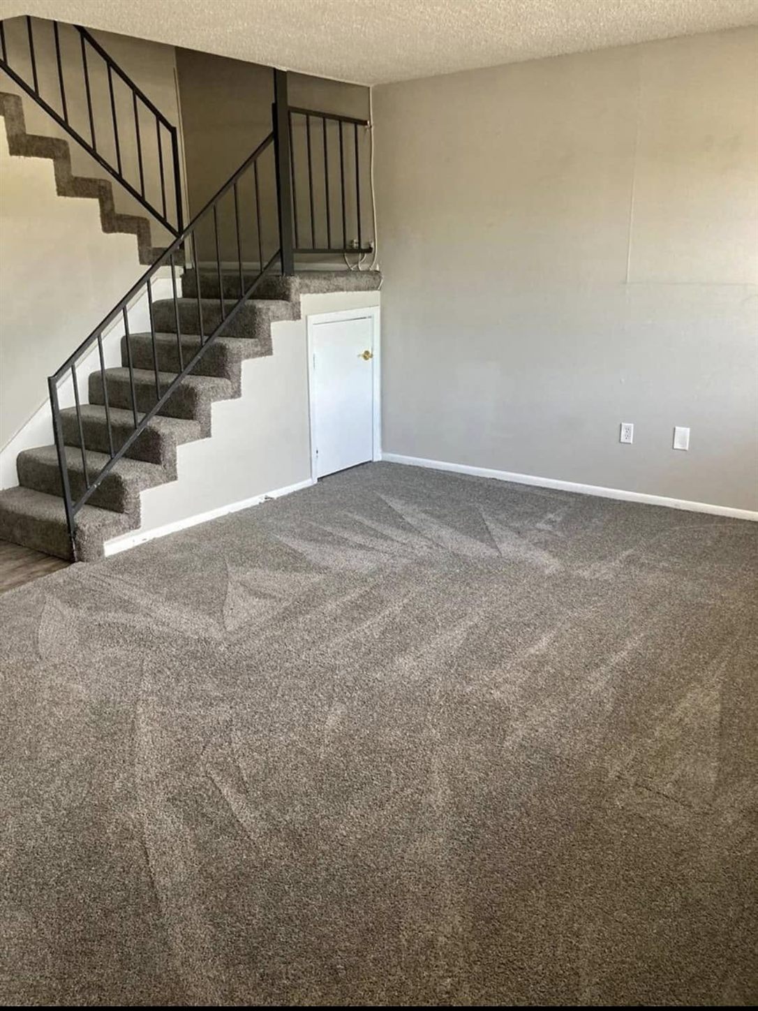 Clean carpeted living room and staircase after professional cleaning