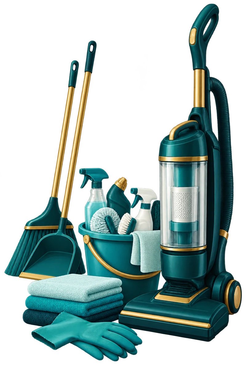 Professional cleaning equipment including a vacuum, broom, towels, and supplies