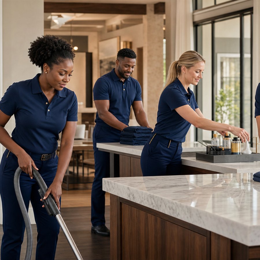 Diverse professional cleaning team working together in a bright, spotless residential kitchen