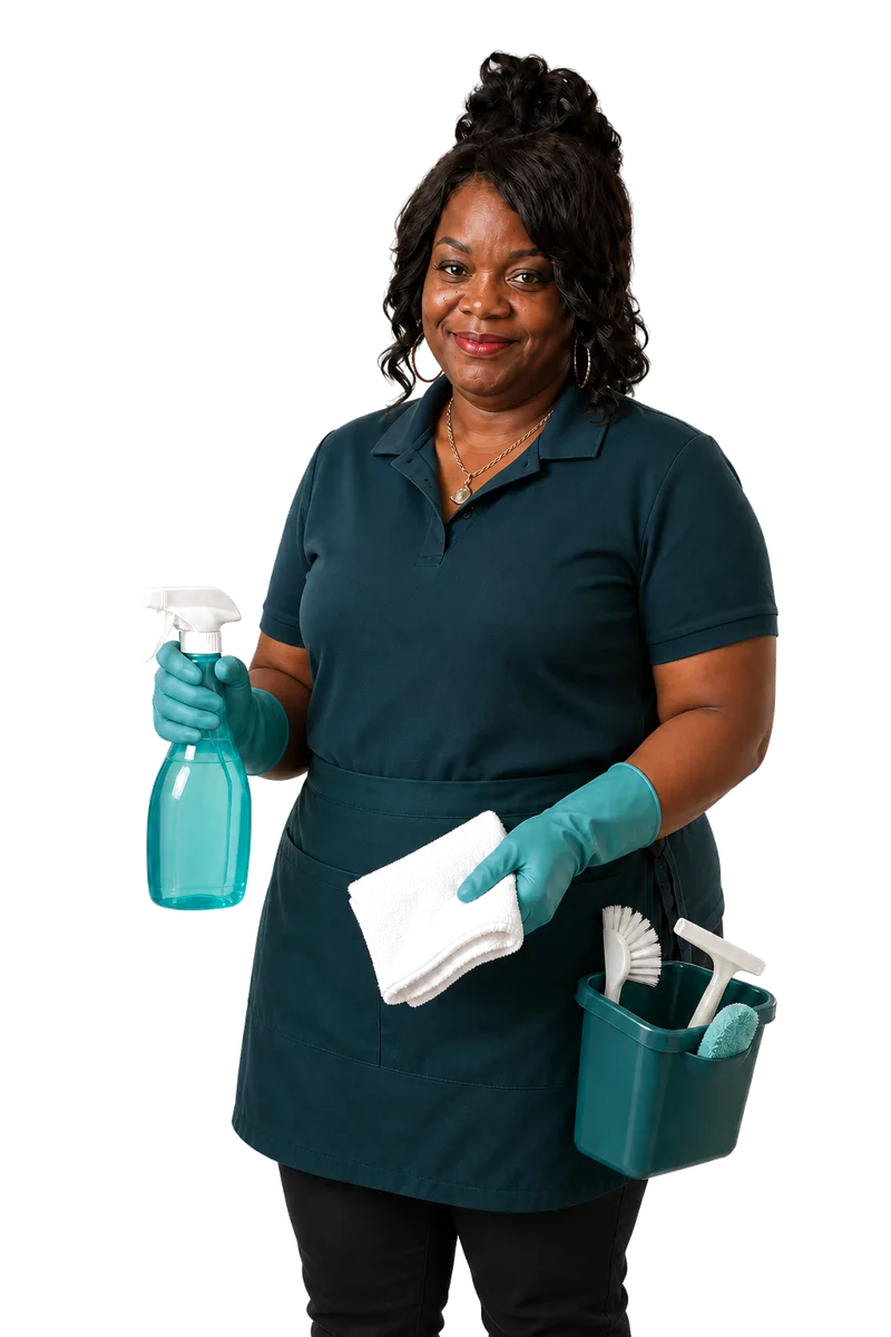 Majestic Cleaning owner smiling with professional cleaning supplies