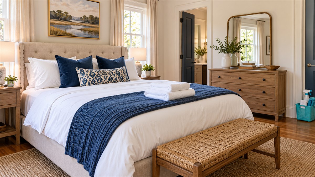 Guest-ready Airbnb bedroom with crisp linens and neatly folded towels