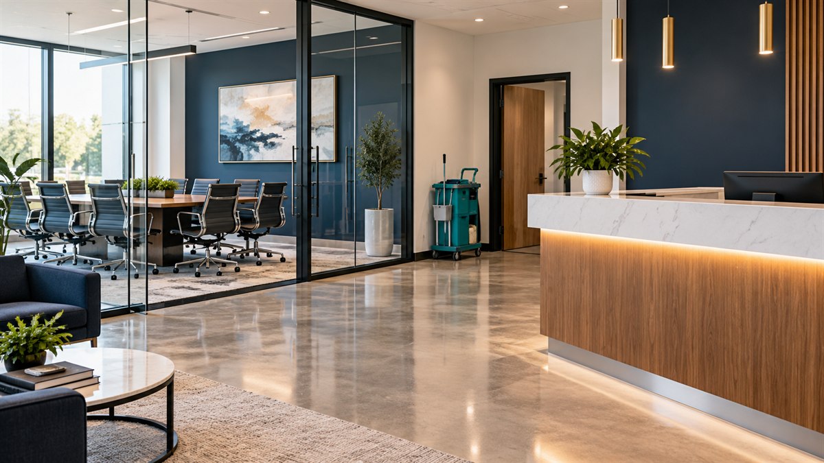 Spotless business lobby and conference room with polished floors and clean glass
