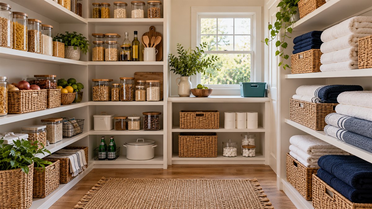 Organized home pantry and linen storage with practical baskets and clear containers