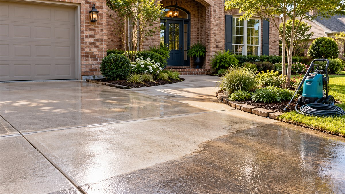 Freshly pressure-washed driveway and walkway outside a brick home