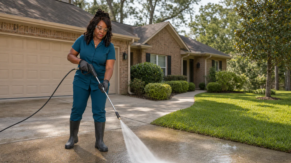 Majestic Cleaning professional pressure washing a driveway at a Louisiana brick home